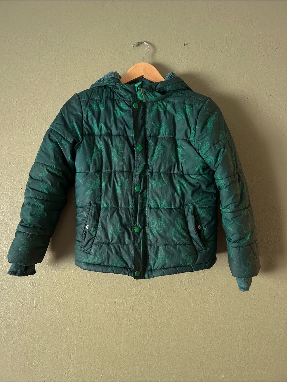 Kid’s Green Hooded Dinosaur Puffer Jacket - Winter Coat